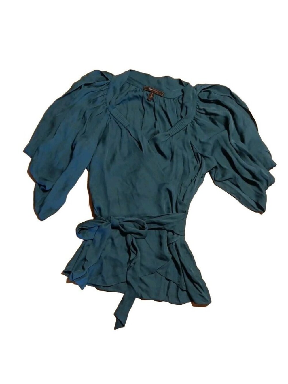 BCBGMAXAZRIA Women S Blouse Teal Green 100% Silk Cold Shoulder Deep V Wrap Sheer